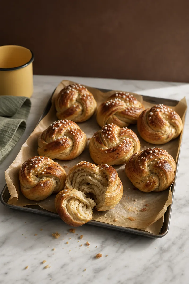 Tray of glossy cardamom knots with pearl sugar, one torn open to show the crumb