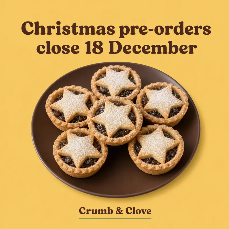 Butter-yellow promo post with mince pies and the text Christmas pre-orders close 18 December