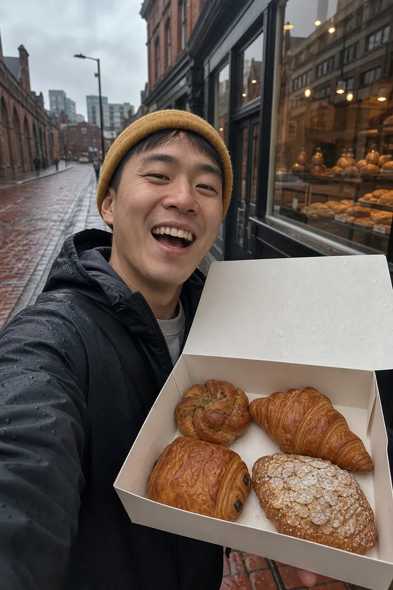 Man on a rainy brick street holding an open box of four pastries toward the camera