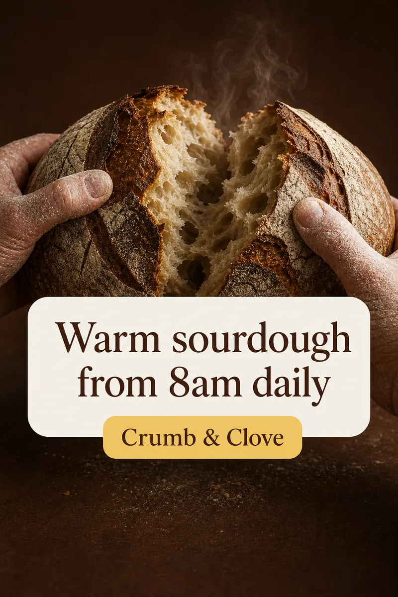 Story ad of hands tearing a steaming sourdough loaf with the text Warm sourdough from 8am daily