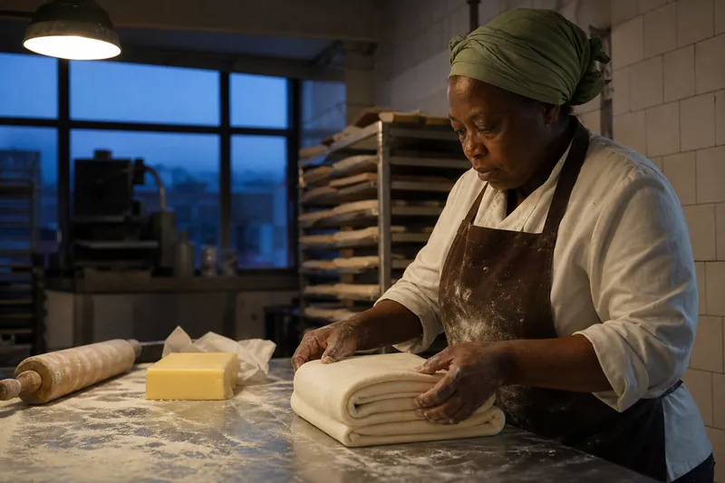 Baker folding laminated dough on a floured bench before dawn