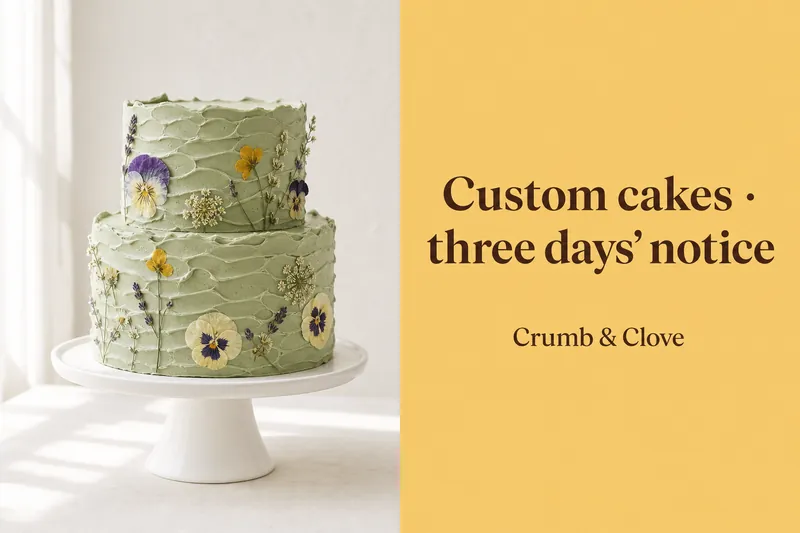 Ad banner with a sage-green two-tier cake and the text Custom cakes, three days' notice