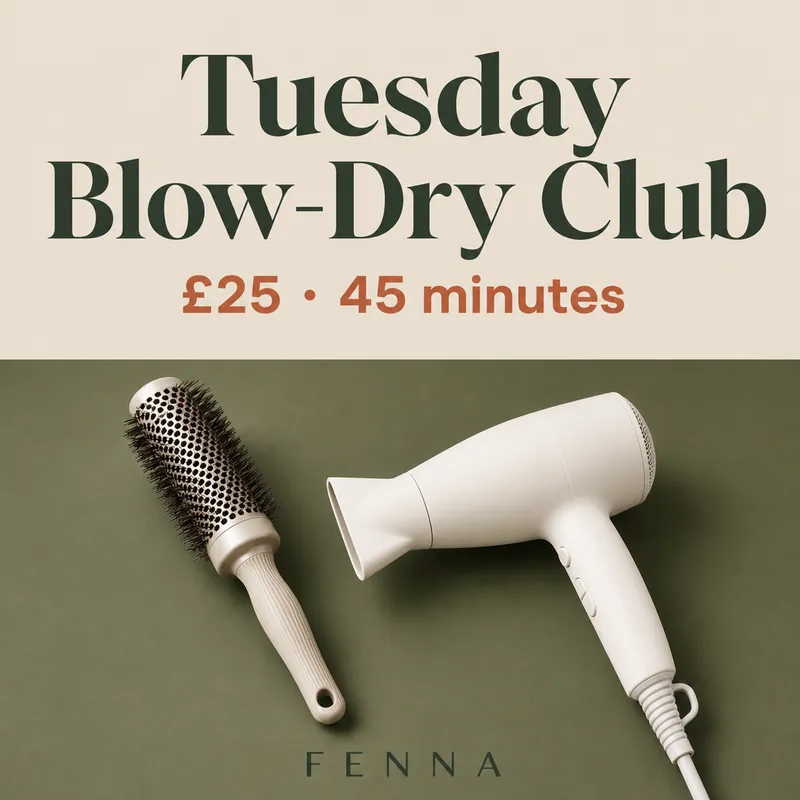 Oat-coloured promo post reading 'Tuesday Blow-Dry Club, £25, 45 minutes' above a round brush and hair dryer.