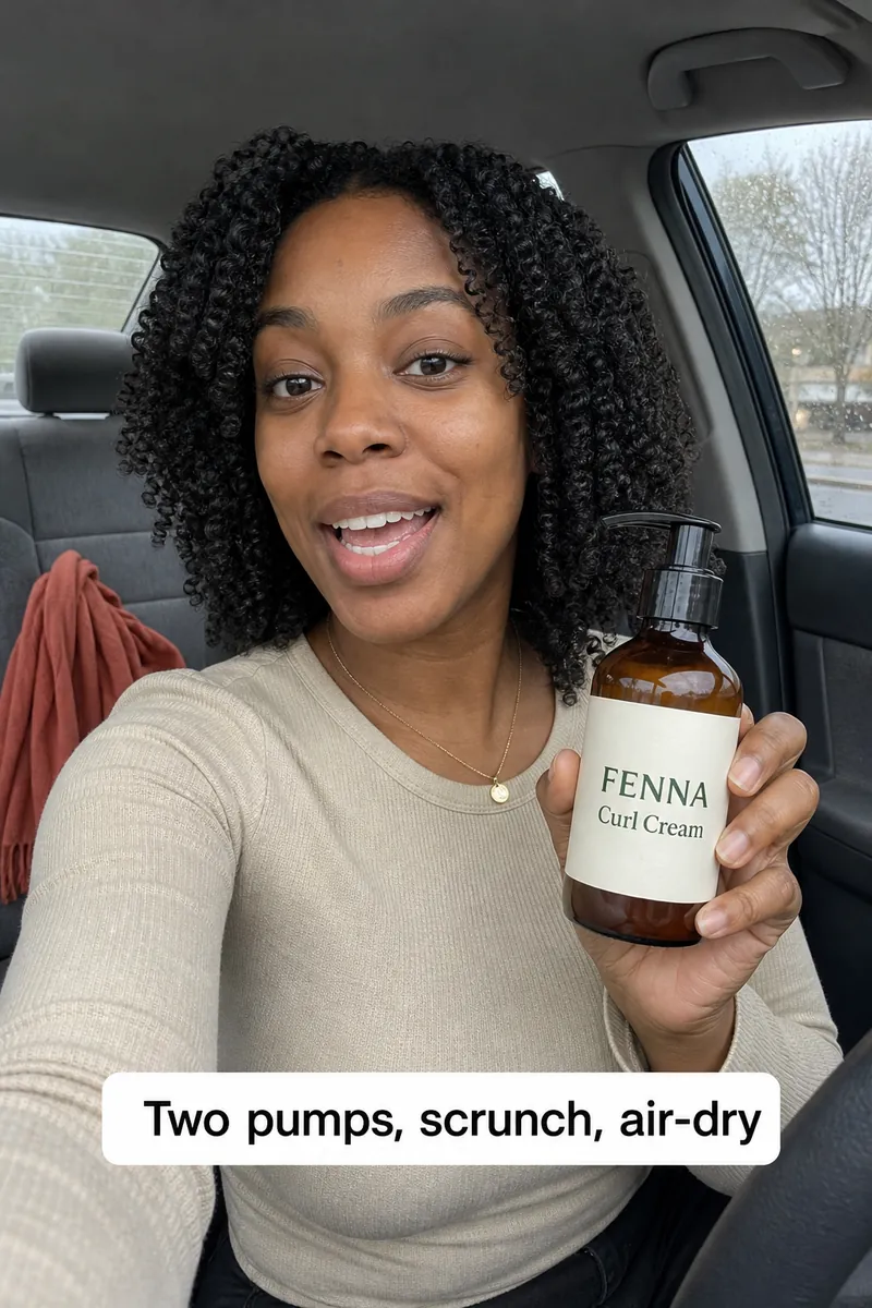 Woman with defined coils filming a selfie video in a parked car while holding an amber bottle of Fenna Curl Cream.