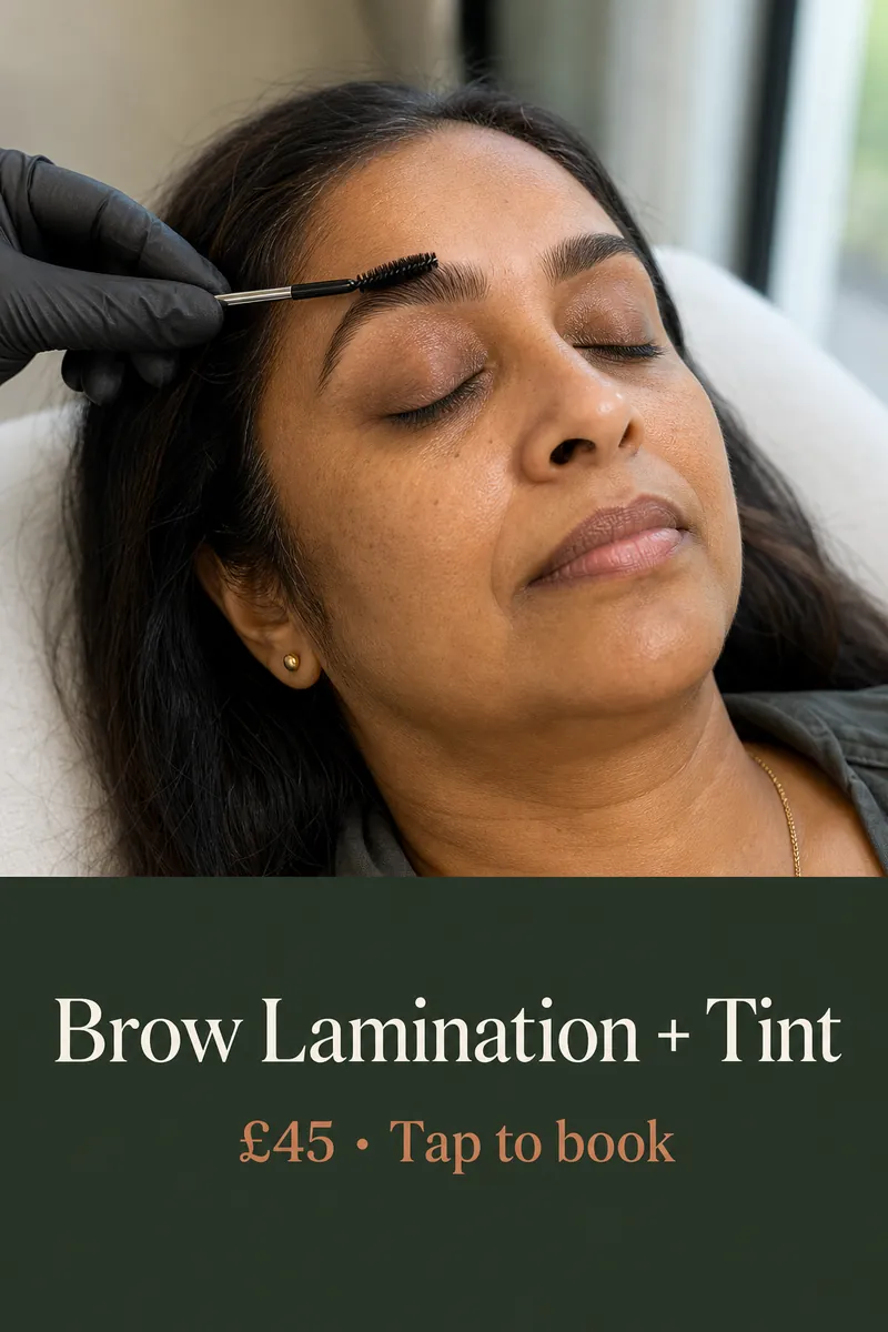 Story ad of a brow artist brushing up a client's laminated brows, with the text 'Brow Lamination + Tint, £45, Tap to book'.