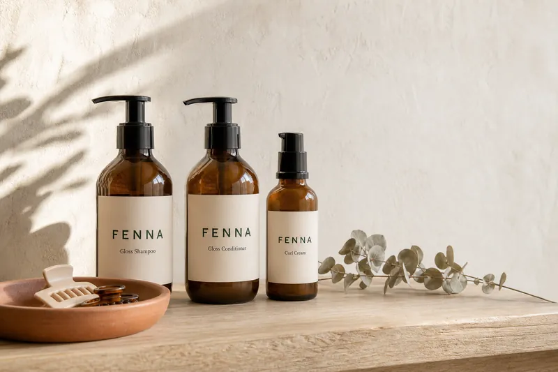 Three amber Fenna bottles, gloss shampoo, gloss conditioner and curl cream, on an oak shelf in soft side light.