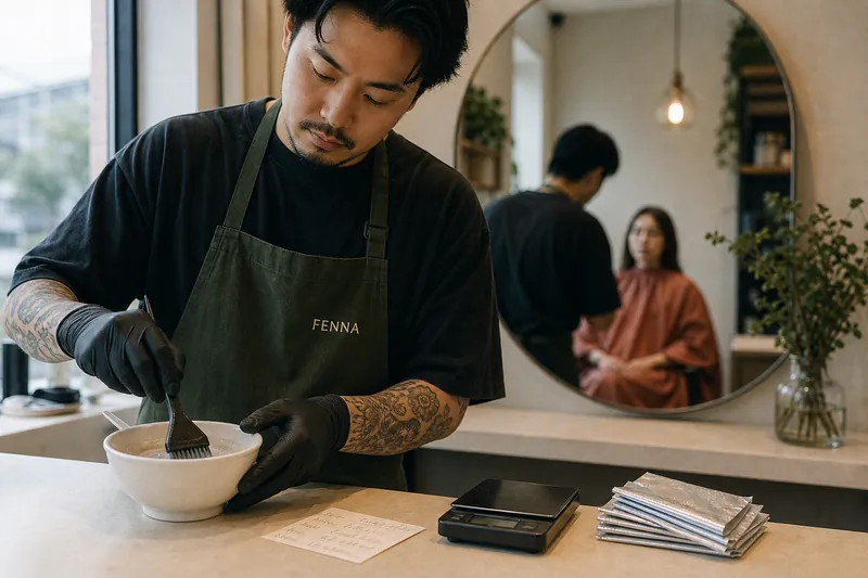 Colourist in a moss-green Fenna apron mixing toner at the colour bar, with foils and a scale on the counter.
