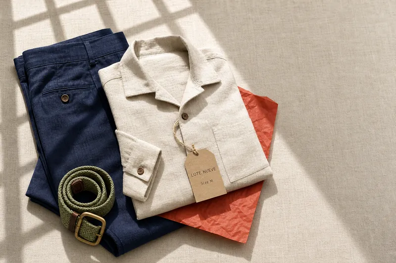 Flat lay of folded indigo linen trousers, a raw-linen shirt and a sage woven belt with a Lote Nueve swing tag.