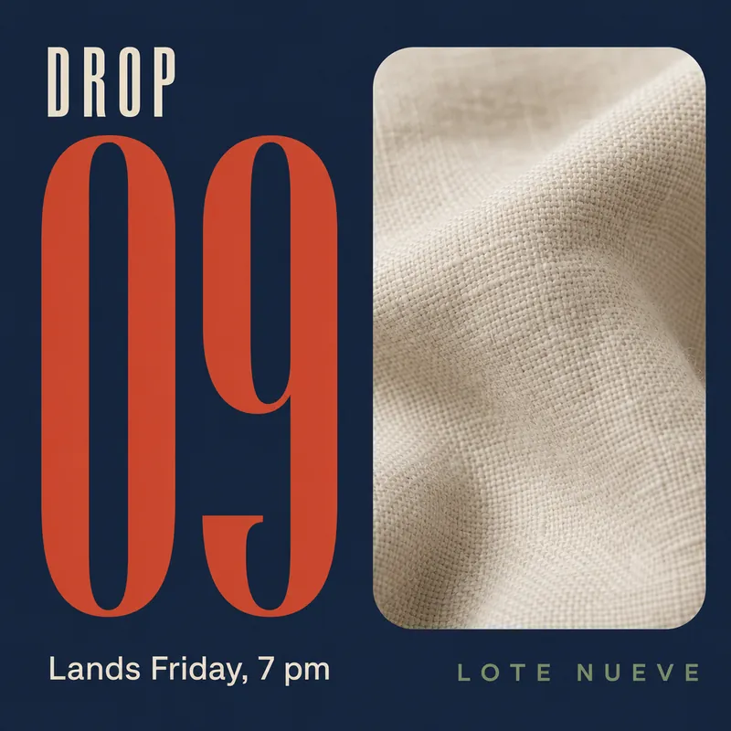 Indigo drop announcement with a large red '09', the label 'Drop' and the text 'Lands Friday, 7 pm' beside a linen texture crop.