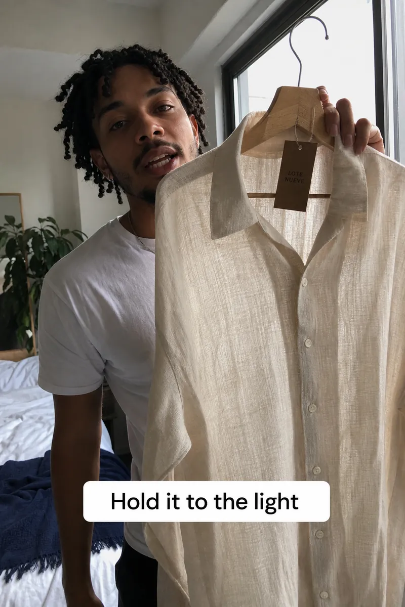 Man holding a raw-linen shirt on a hanger up to a bedroom window, subtitle 'Hold it to the light'.