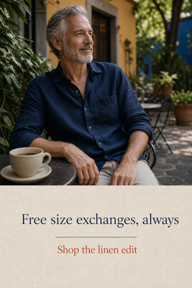 Story ad of an older man in an indigo linen shirt at a café, with text 'Free size exchanges, always. Shop the linen edit'.
