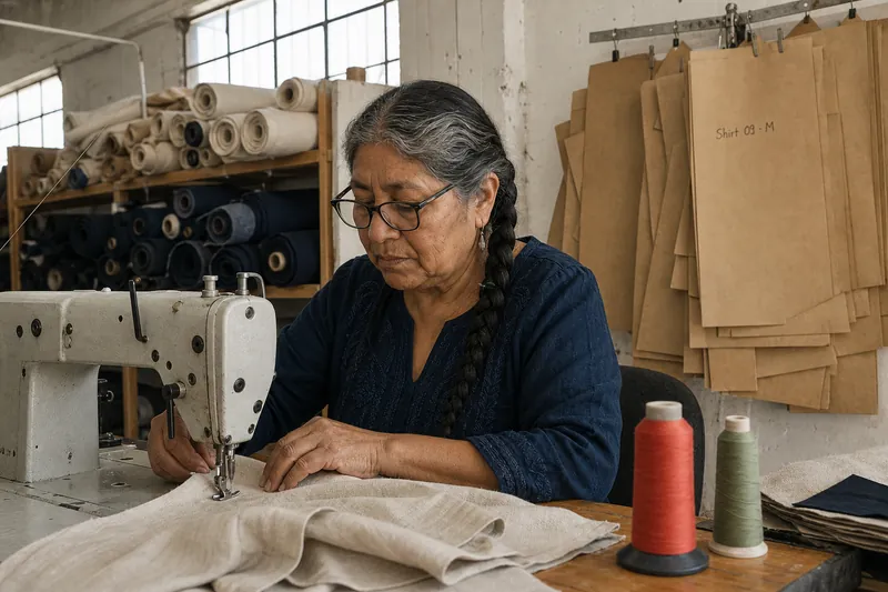Seamstress sewing a linen shirt at an industrial machine in a workshop with linen and indigo fabric rolls.