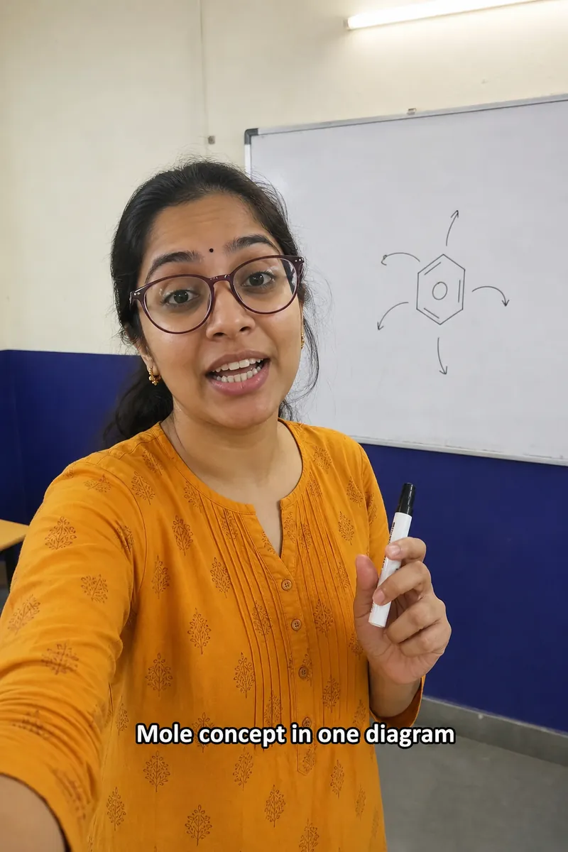 Chemistry teacher in a saffron kurta explaining to camera in front of a whiteboard, subtitled Mole concept in one diagram