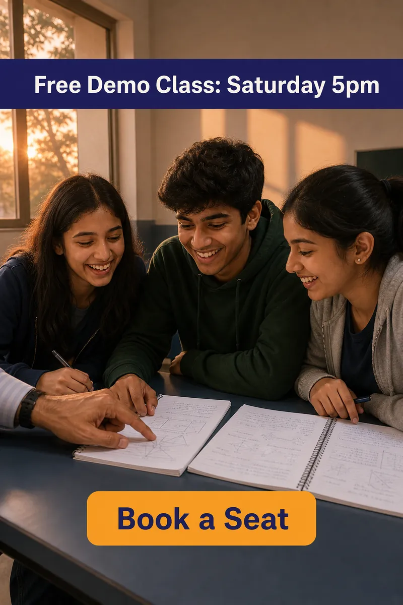 Story ad of three students laughing over notebooks, with Free Demo Class: Saturday 5pm and a Book a Seat button