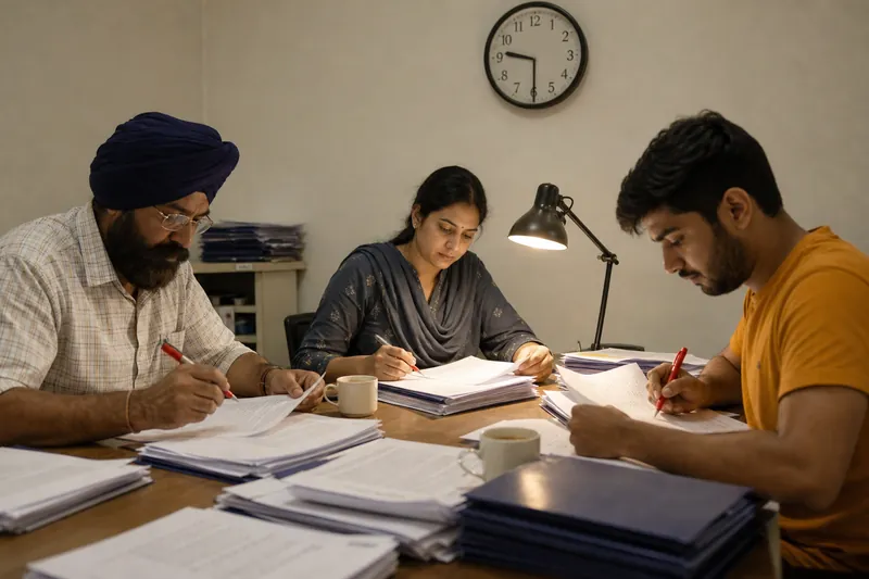 Three teachers marking mock-test papers with red pens over cups of chai late in the evening