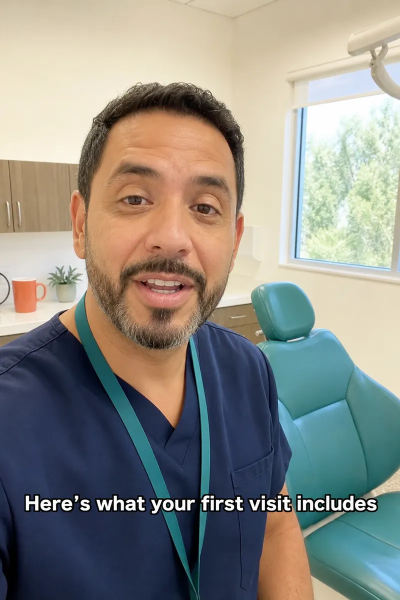 Dentist in navy scrubs beside an empty teal chair talking to camera, subtitled Here's what your first visit includes