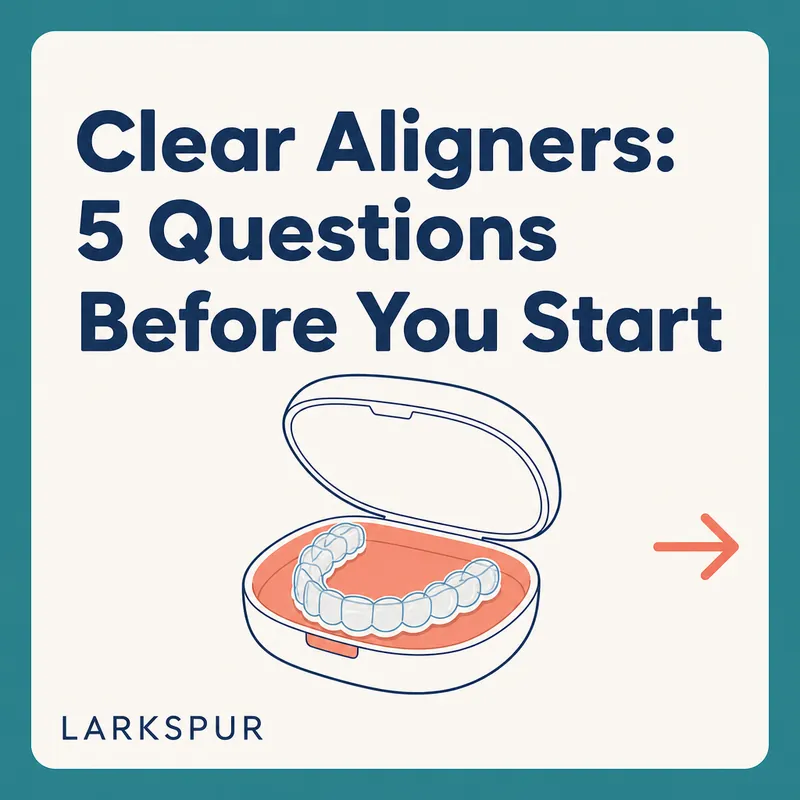 Carousel cover titled Clear Aligners: 5 Questions Before You Start with a line drawing of an aligner in its case
