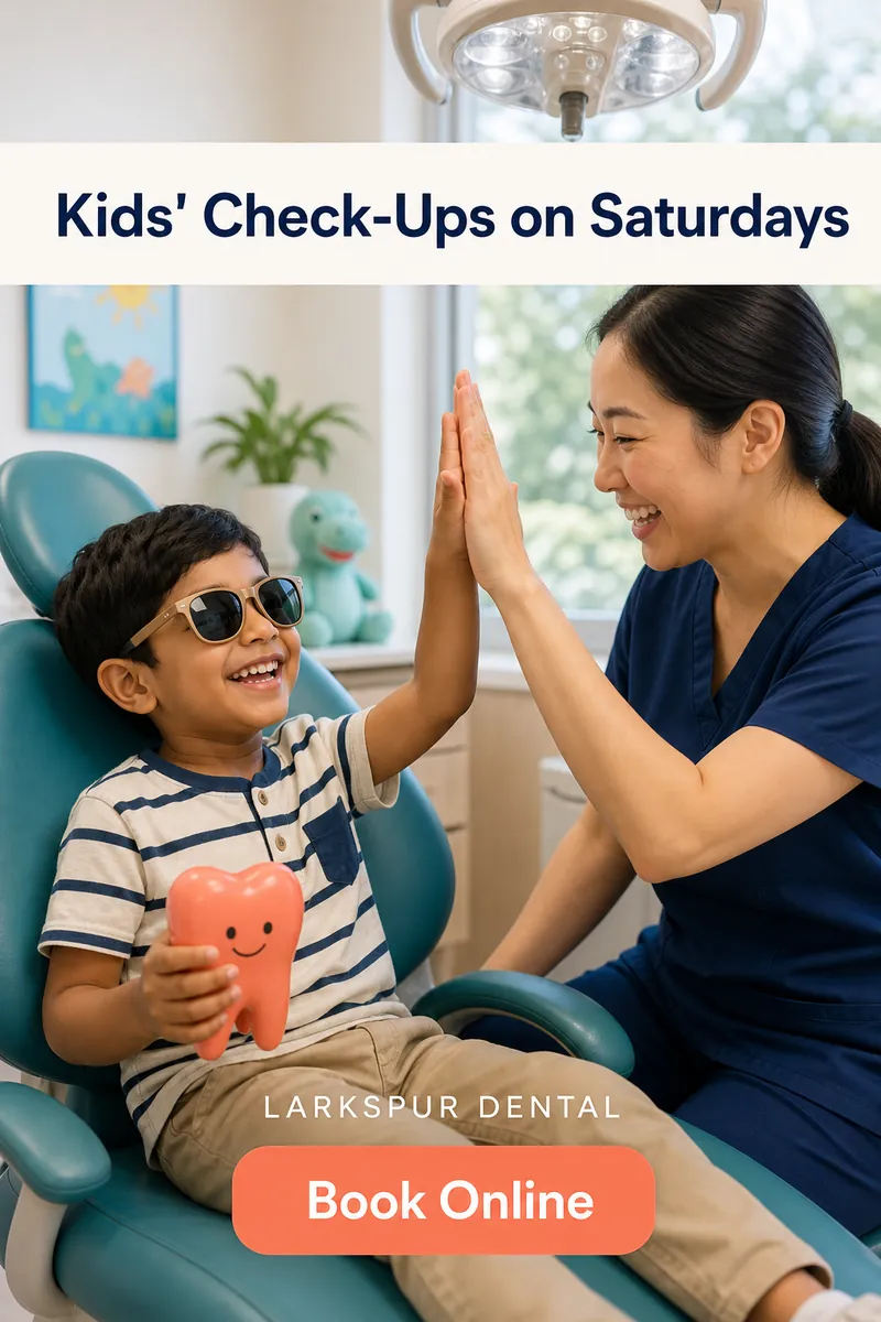 Story ad of a boy in sunglasses high-fiving a hygienist from the dental chair, with Kids' Check-Ups on Saturdays