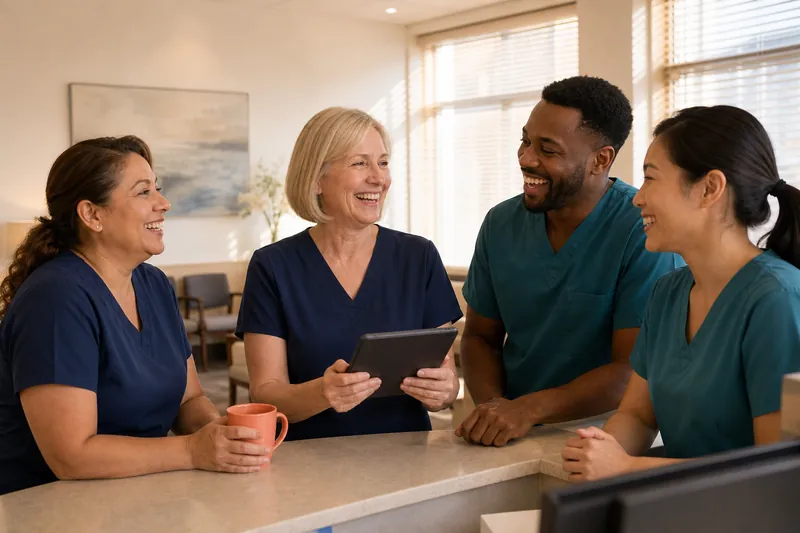 Four dental team members in navy and teal scrubs laughing over coffee at the front desk before opening