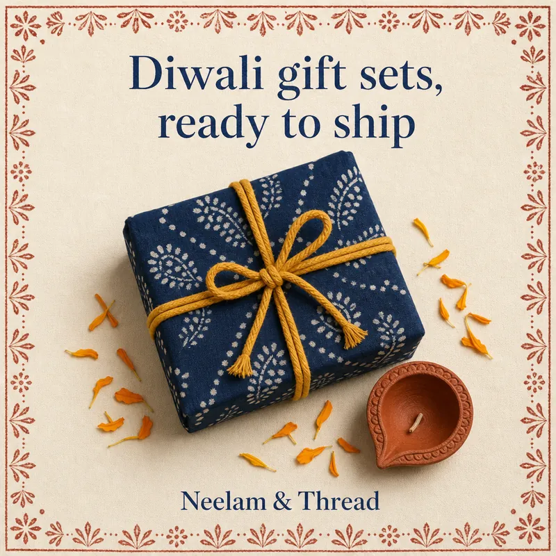 Promo post with a cloth-wrapped gift box and a clay diya and the text Diwali gift sets, ready to ship