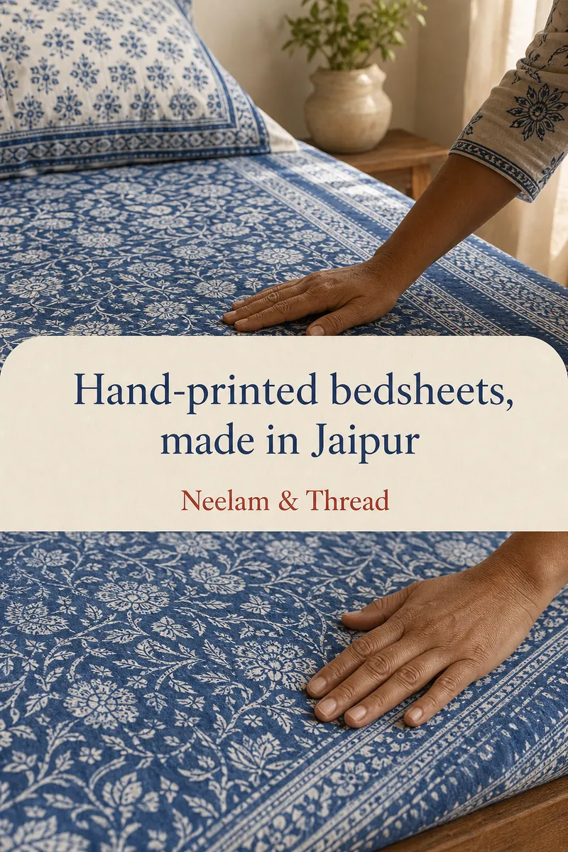 Story ad of hands smoothing an indigo printed bedsheet with the text Hand-printed bedsheets, made in Jaipur