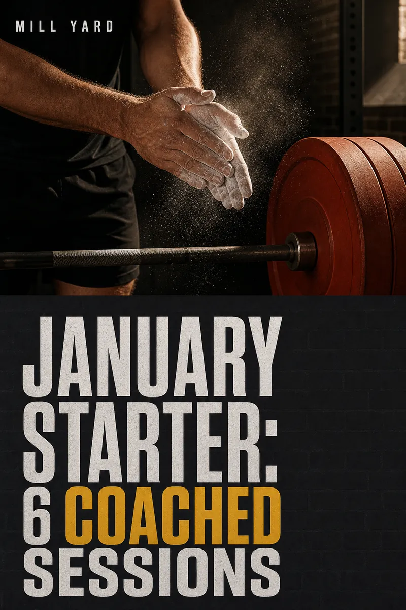 January Starter: 6 Coached Sessions post with a coach chalking hands above a barbell on a charcoal background
