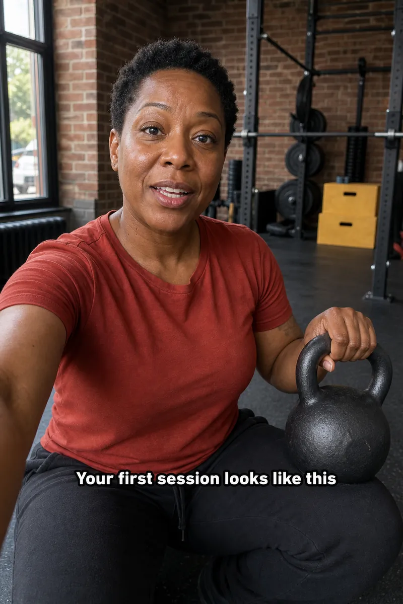 Coach holding a kettlebell and talking to camera in a brick gym, subtitled Your first session looks like this