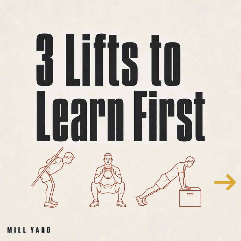 Carousel cover titled 3 Lifts to Learn First with line drawings of a hip hinge, goblet squat and incline push-up