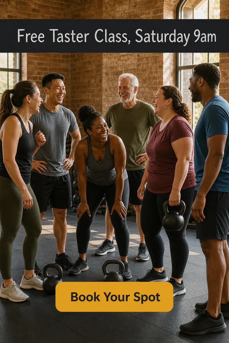 Story ad of a mixed group laughing between kettlebell swings, with Free Taster Class, Saturday 9am and a Book Your Spot button