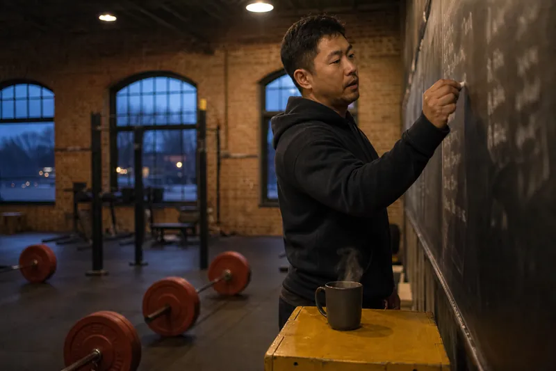 Coach writing the day's workout on a chalkboard before opening, coffee on a plyo box and loaded barbells nearby