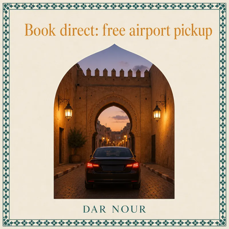 Promo post with a car waiting at a medina gate and the text Book direct: free airport pickup