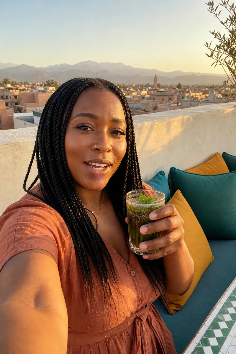 Woman on a rooftop terrace at sunset holding a glass of mint tea toward the camera