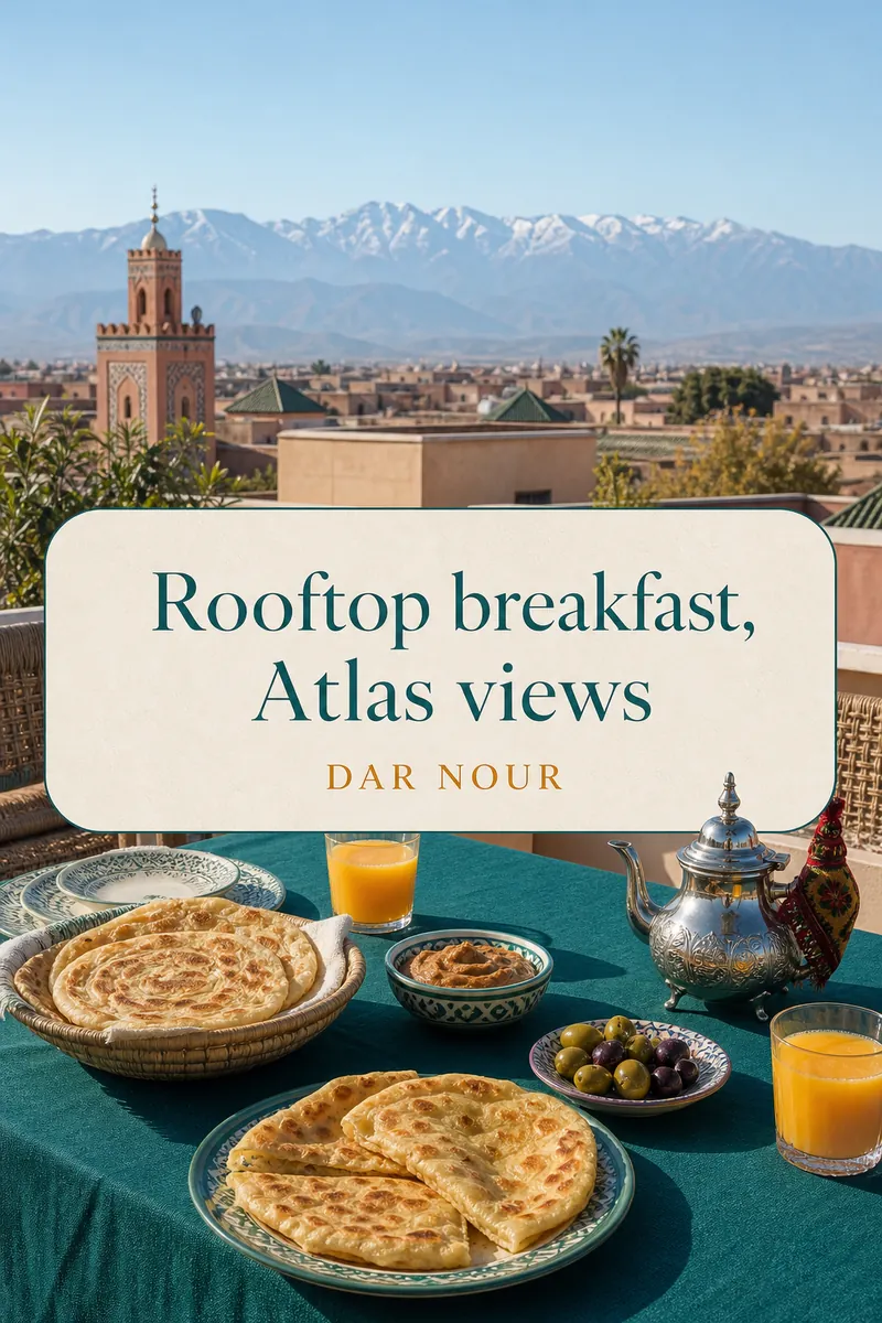 Story ad of a rooftop breakfast with mountain views and the text Rooftop breakfast, Atlas views