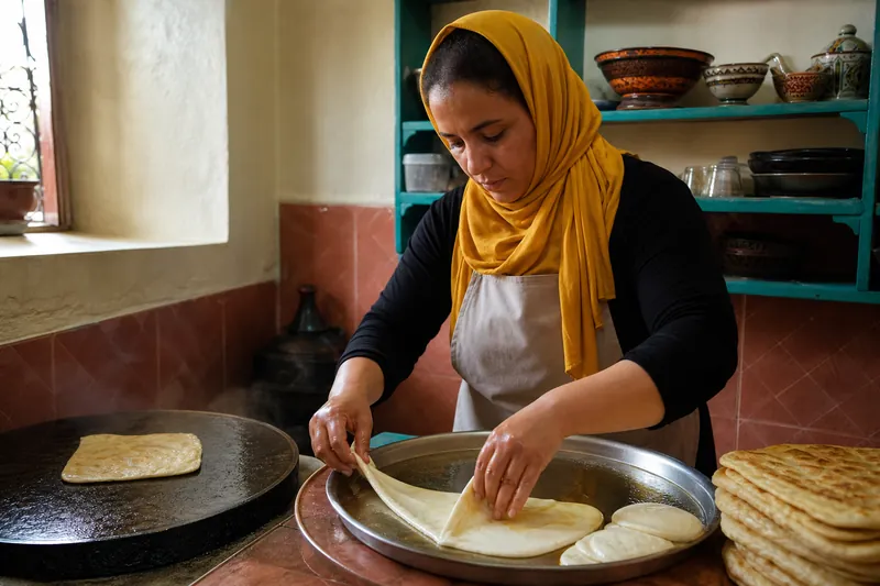 Cook folding msemen dough next to a griddle in a small riad kitchen