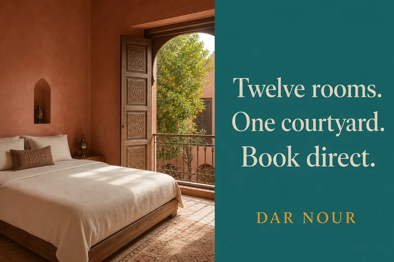 Ad banner with a riad bedroom and the text Twelve rooms. One courtyard. Book direct.