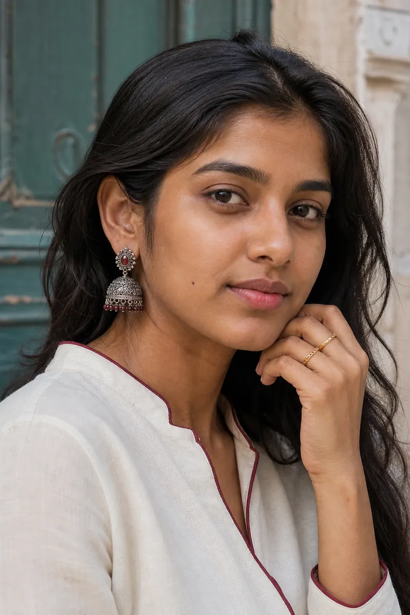 Close-up of a woman wearing silver jhumka earrings and two thin gold rings, teal courtyard doors behind her.