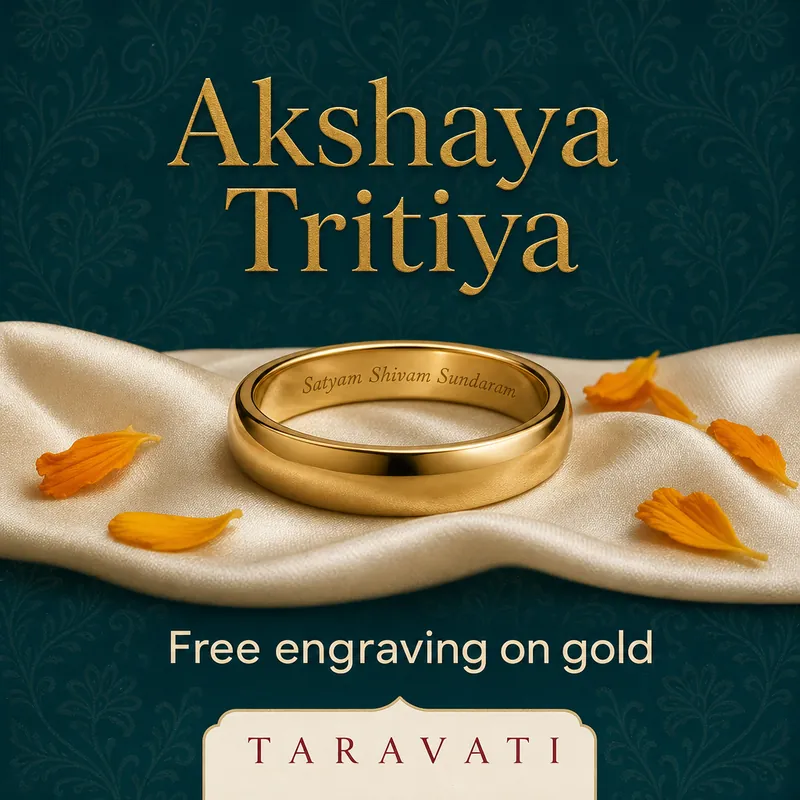 Teal festive post with a gold band ring on ivory silk and the text 'Akshaya Tritiya, Free engraving on gold'.