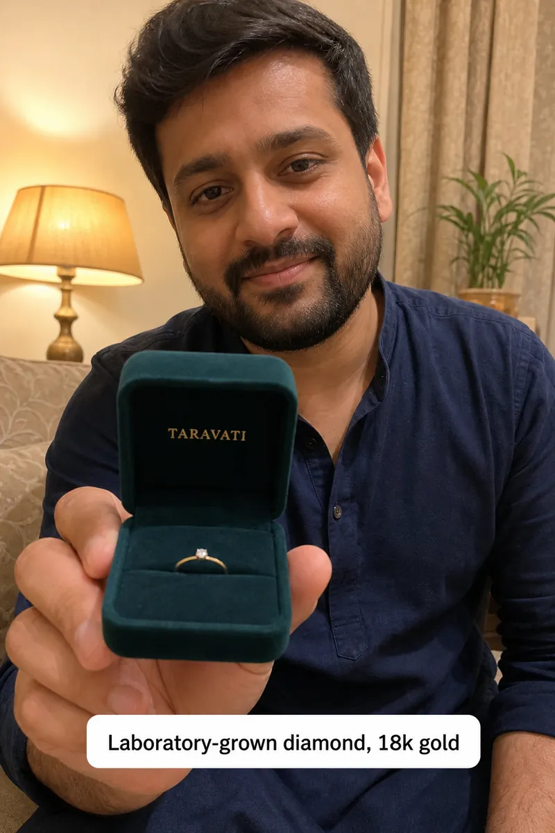 Man on a sofa opening a teal Taravati ring box with a thin gold ring, subtitle 'Laboratory-grown diamond, 18k gold'.
