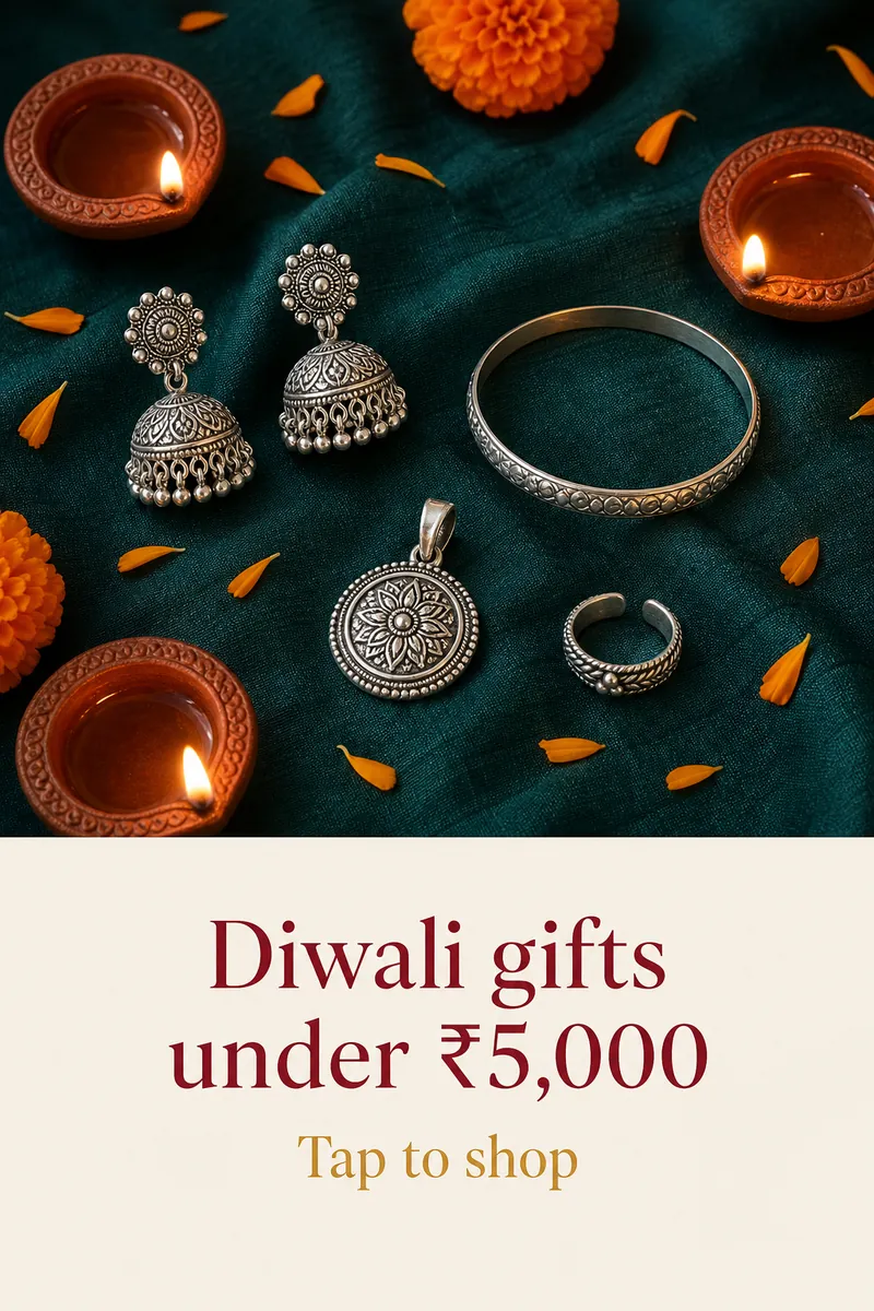 Diwali story ad with silver jhumkas, a bangle and a pendant beside diyas, and the text 'Diwali gifts under ₹5,000, Tap to shop'.