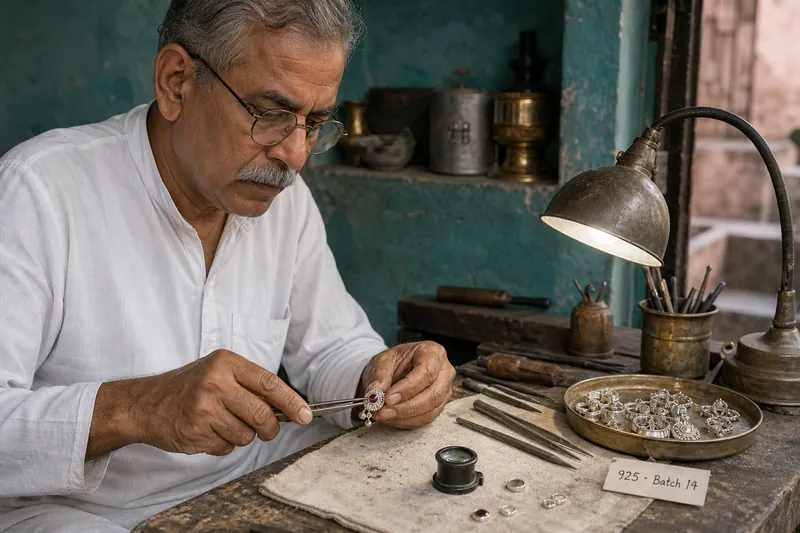Older artisan setting a small garnet into a silver earring at a wooden workbench under a lamp.