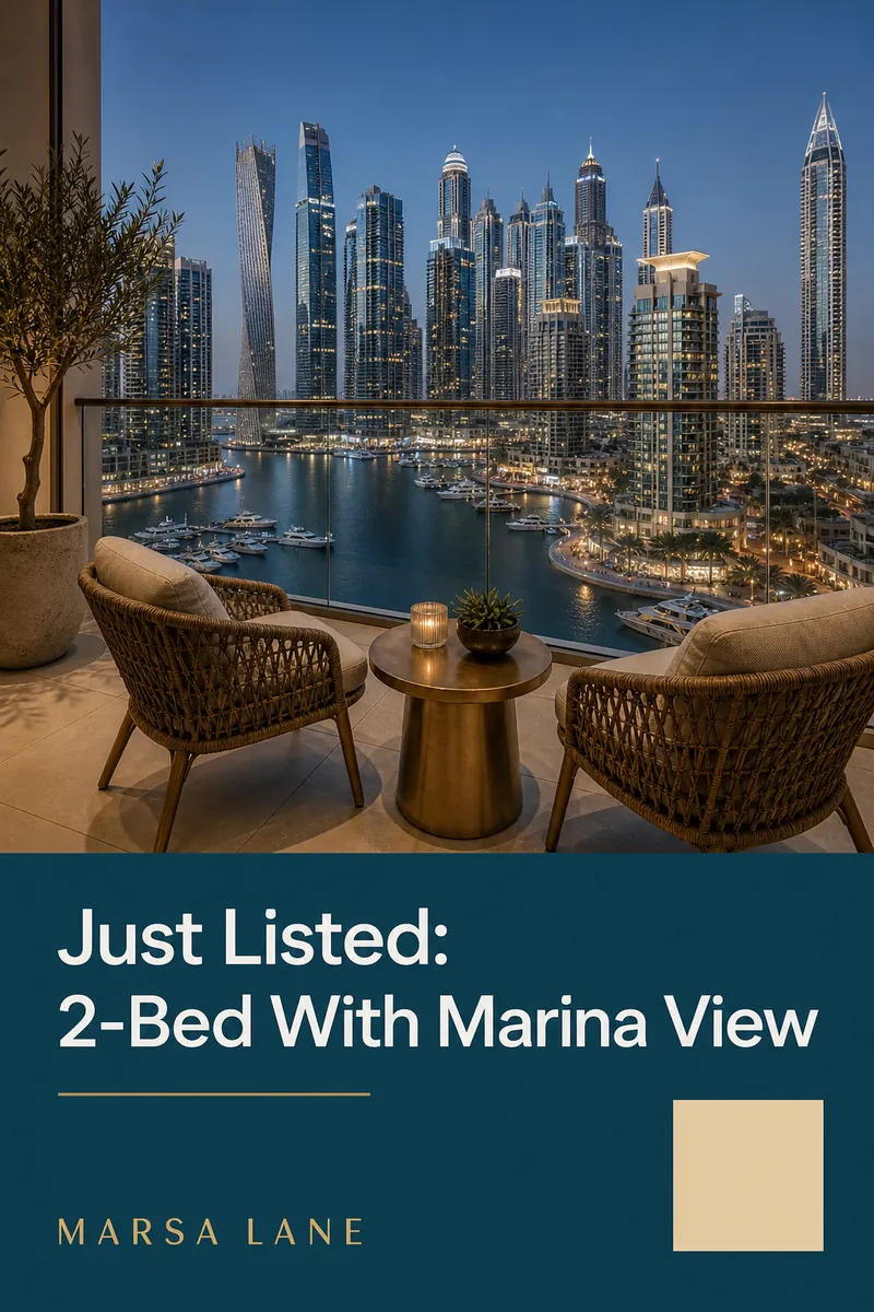 Just Listed post for a two-bedroom flat with a Marina view: balcony photo above a teal panel carrying the headline