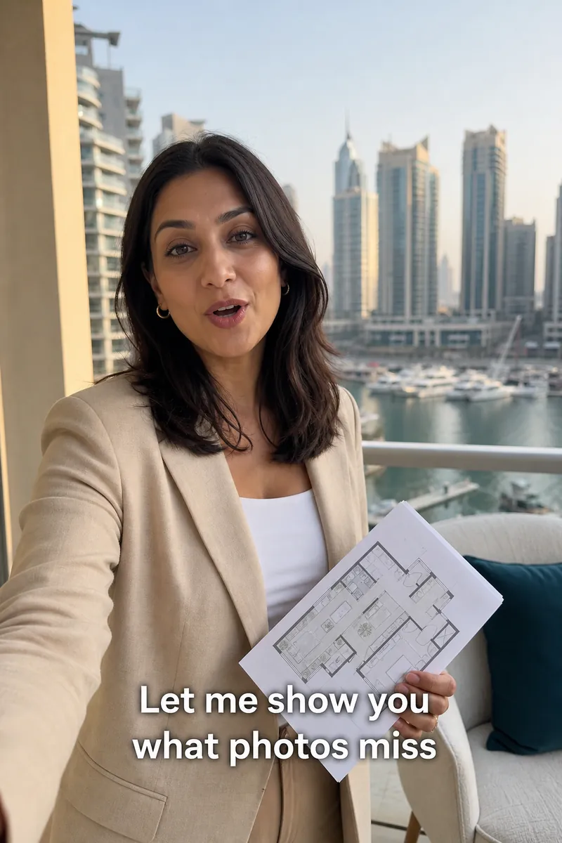 Agent on a Dubai Marina balcony holding a floor plan and talking to camera, subtitled Let me show you what photos miss