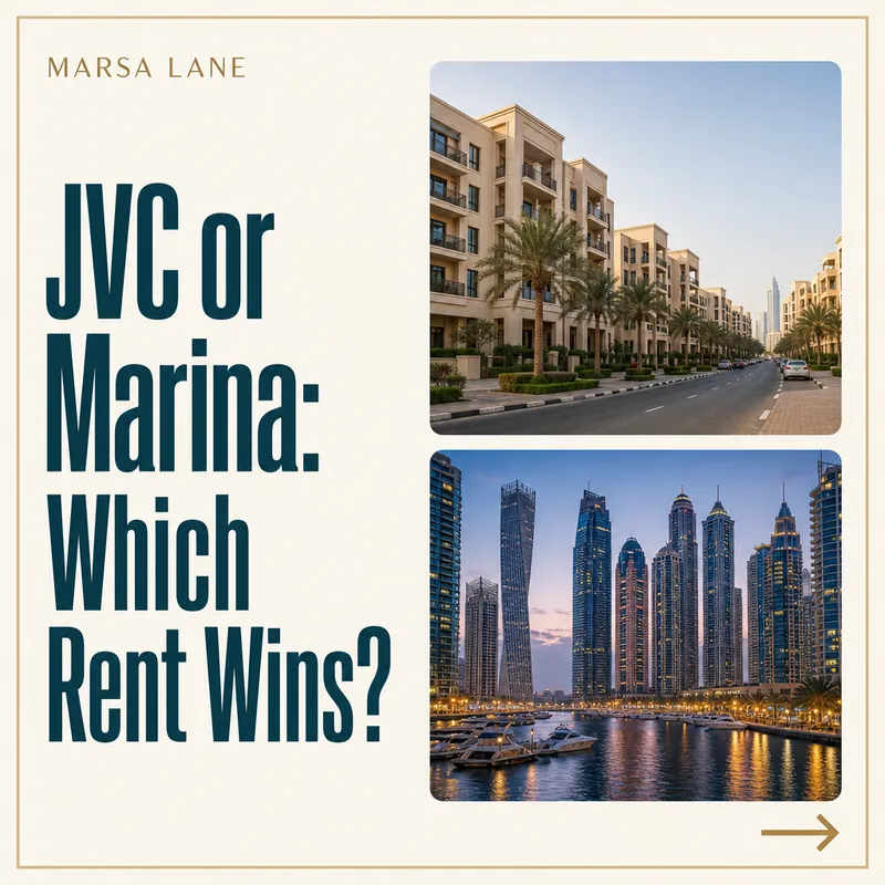 Carousel cover asking JVC or Marina: Which Rent Wins?, with a low-rise street photo above a marina skyline photo