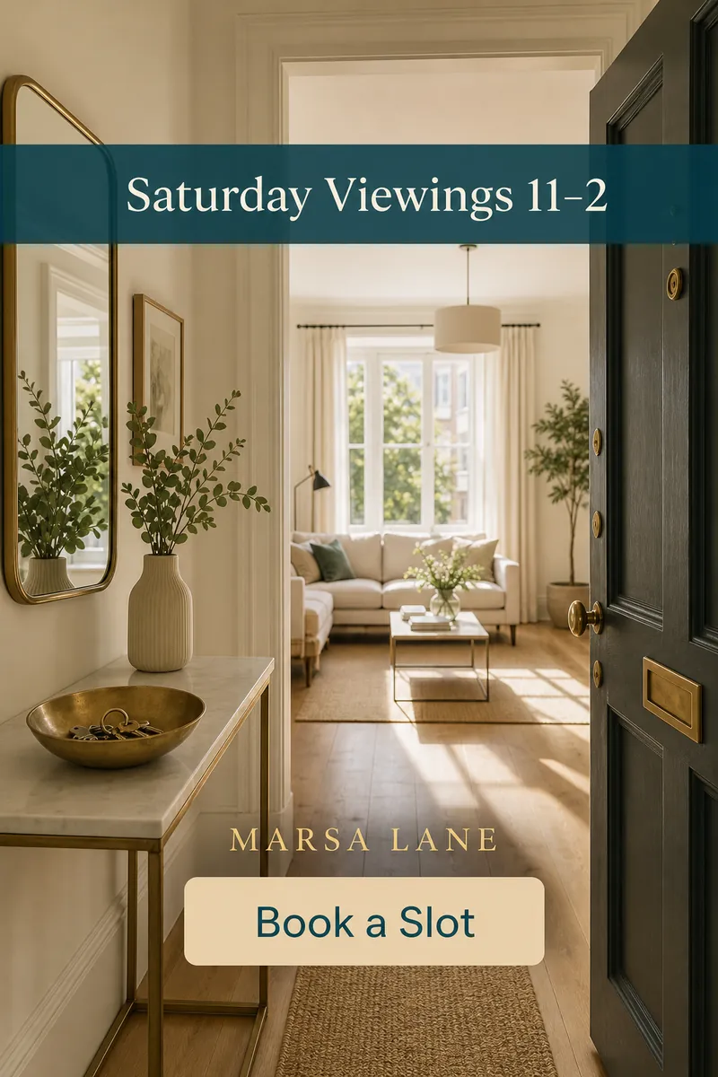 Story ad showing an open apartment door onto a sunlit living room, with Saturday Viewings 11–2 and a Book a Slot button