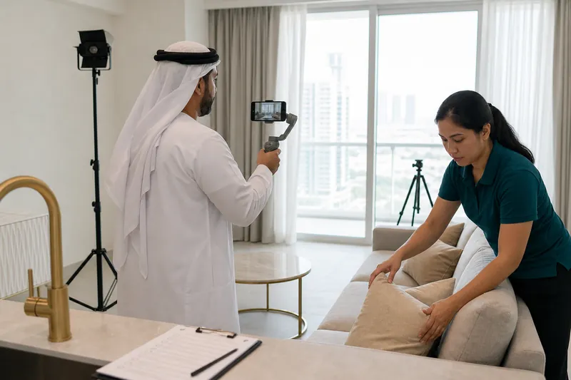 Two agents preparing a listing shoot in an empty apartment, one filming with a phone on a gimbal, one arranging cushions