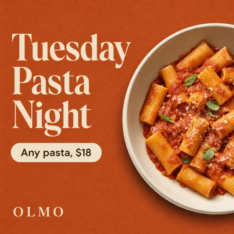 Terracotta promo graphic reading Tuesday Pasta Night, any pasta $18, next to a bowl of rigatoni