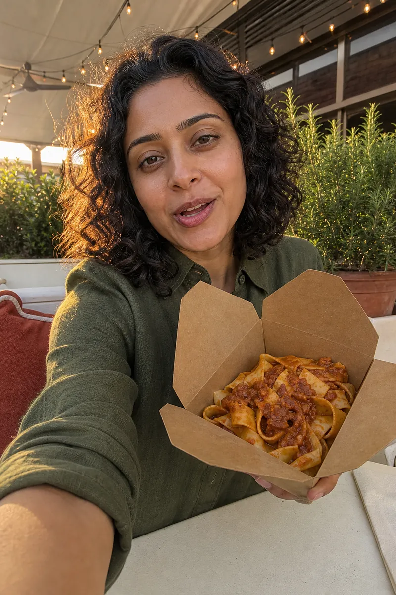 Woman on a sunny patio holding an open takeaway box of pappardelle toward the camera