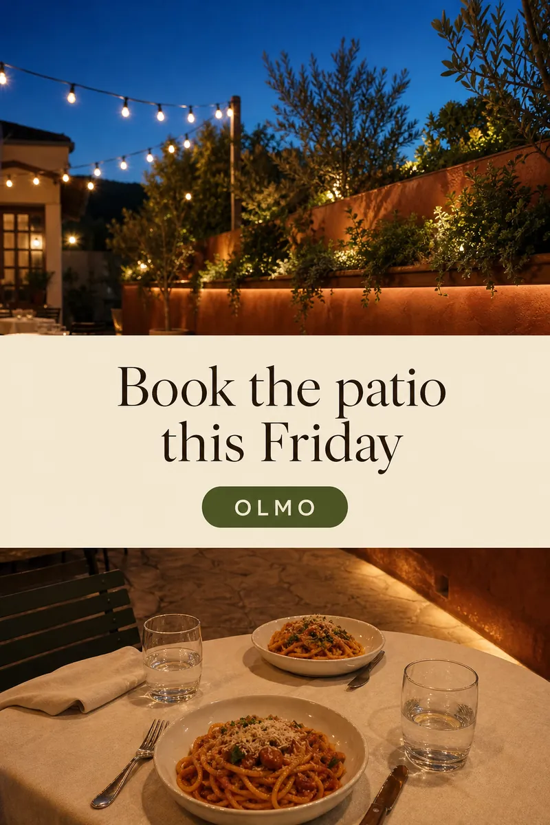 Story ad of a string-lit patio at dusk with the text Book the patio this Friday