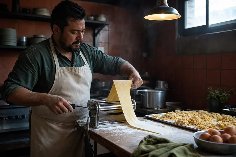 Cook feeding a sheet of fresh pasta through a hand-crank roller in a floury morning kitchen