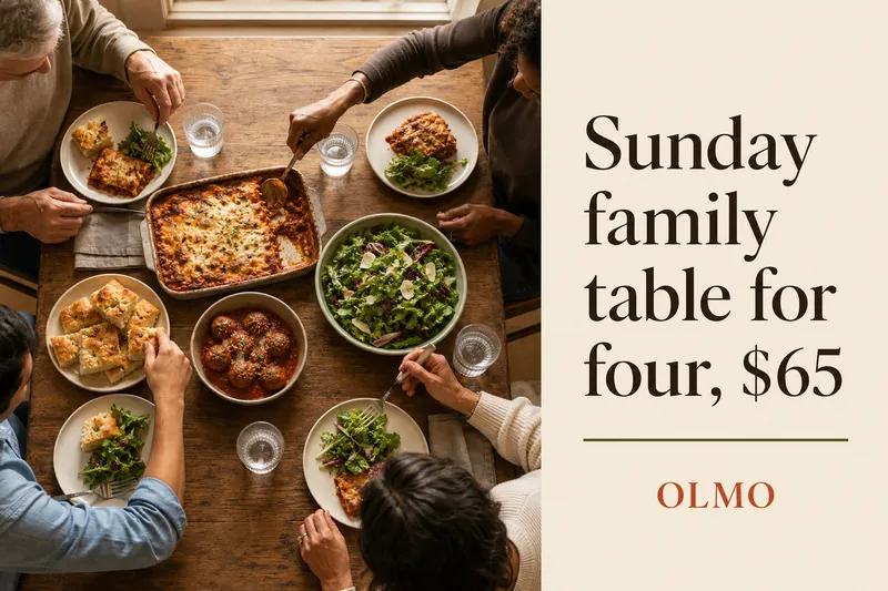 Ad banner with shared Italian dishes on a family table and the text Sunday family table for four, $65